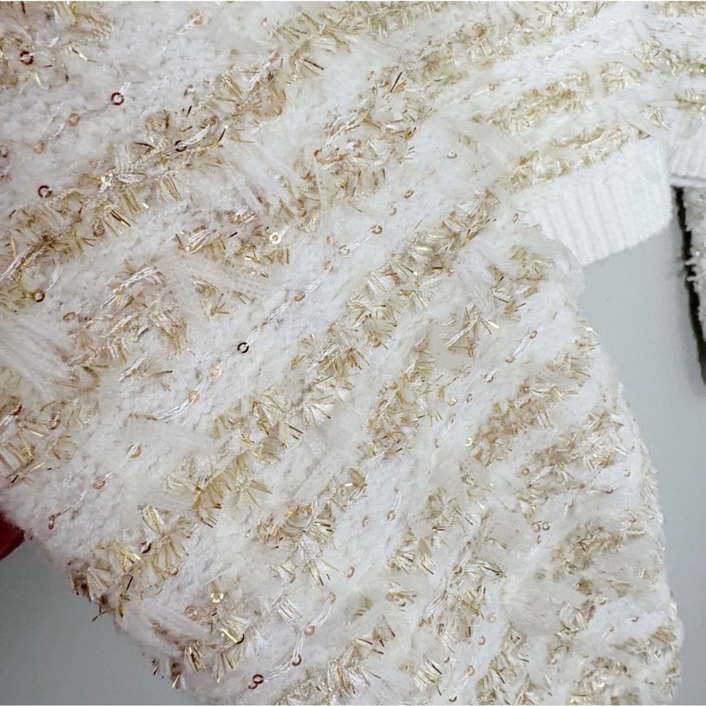 Express Womens M Lady Jacket Cream Gold Tweed Knit Cardigan Old Money Classic - Picture 8 of 12